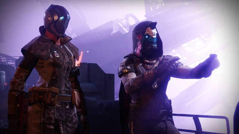 Two 3D-generated characters in futuristic masks and snug leather outfits stand in a brightly backlit industrial scene.
