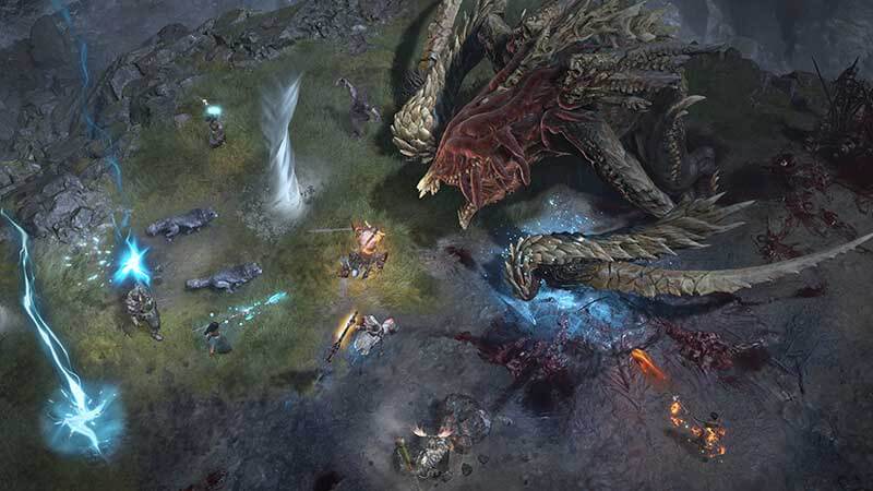 A top-down view of a large dragon battling warriors, mages, and other attackers.
