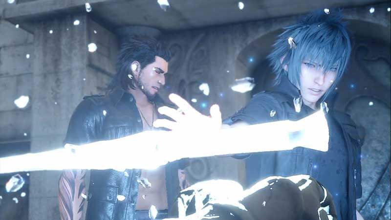 Screenshot from Final Fantasy 15, featuring main character Noctis Lucis Caelum and his friends.