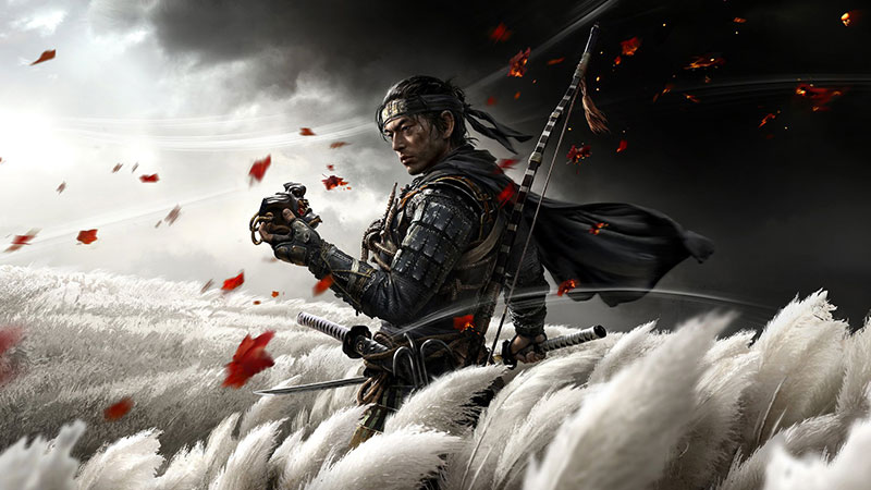 Ghost of Tsushima artwork: A samurai in a field holds a mask while leaves blow in the wind.