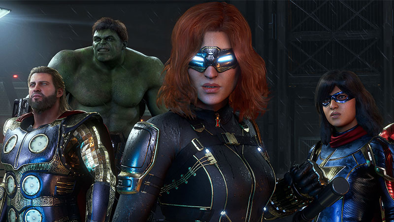 Thor, The Hulk, Black Widow, and Ms. Marvel stand side by side in a screenshot from Marvel’s Avengers.