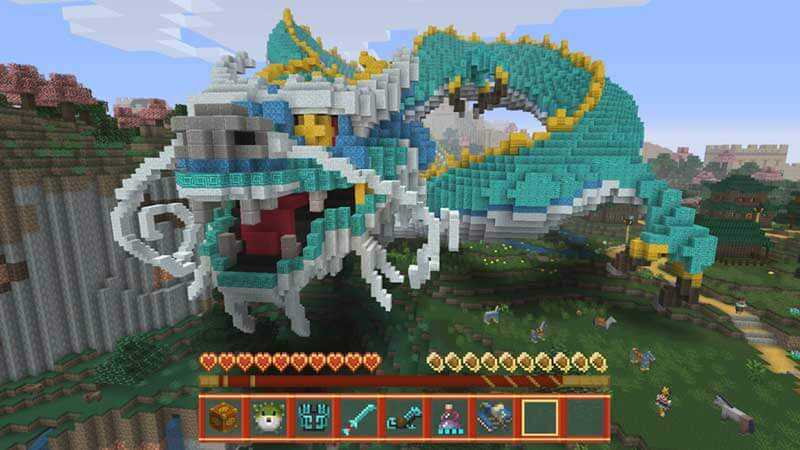 Screenshot of a huge Chinese-style dragon made out of blocks from Minecraft.