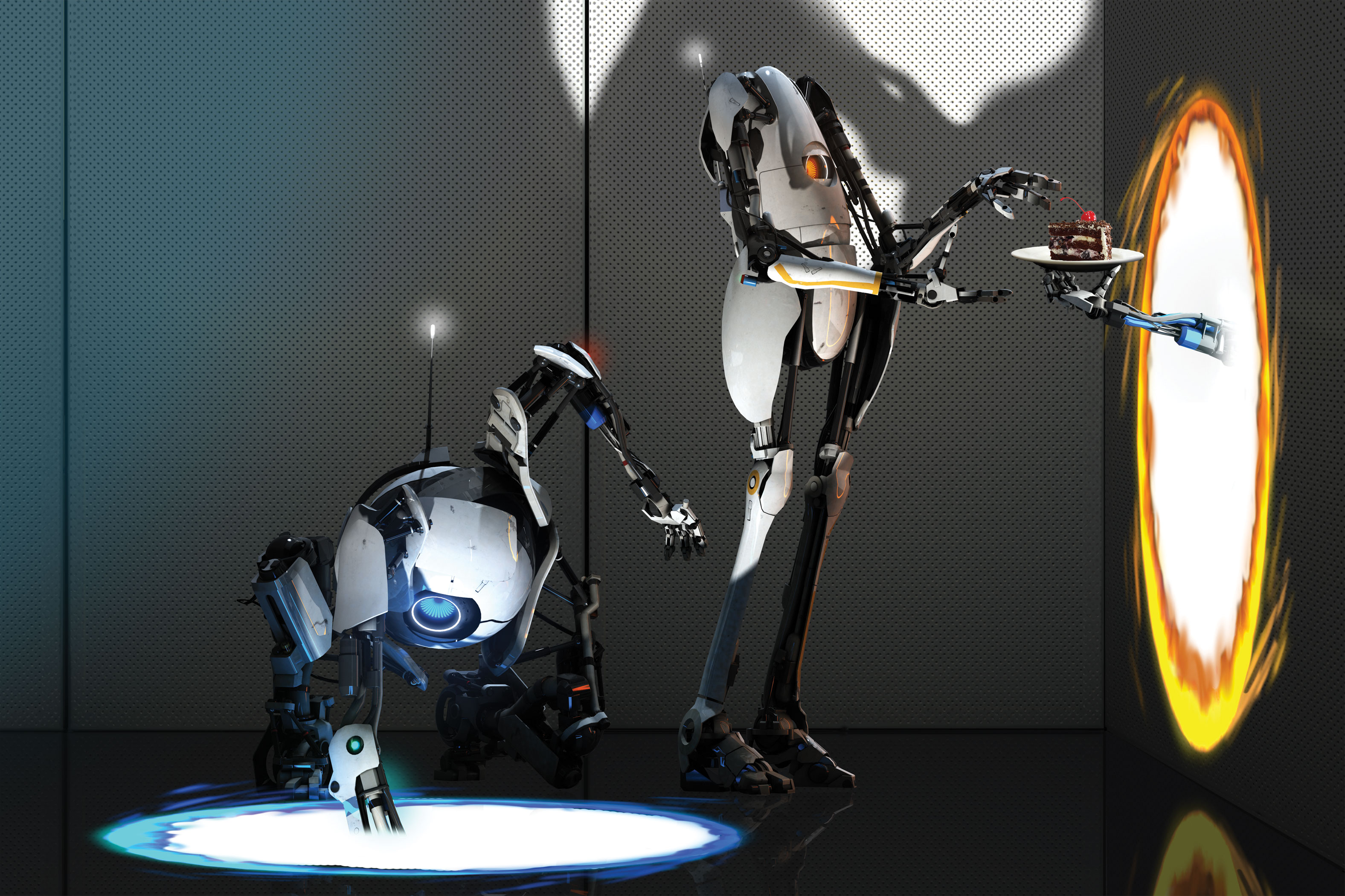 A kneeling robot sticks its arm into the ground while another stands nearby accepting a slice of cake from a disembodied hand.