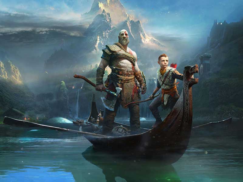 Kratos and Atreus from the game God of War hold their weapons on a boat in a mountainous lake