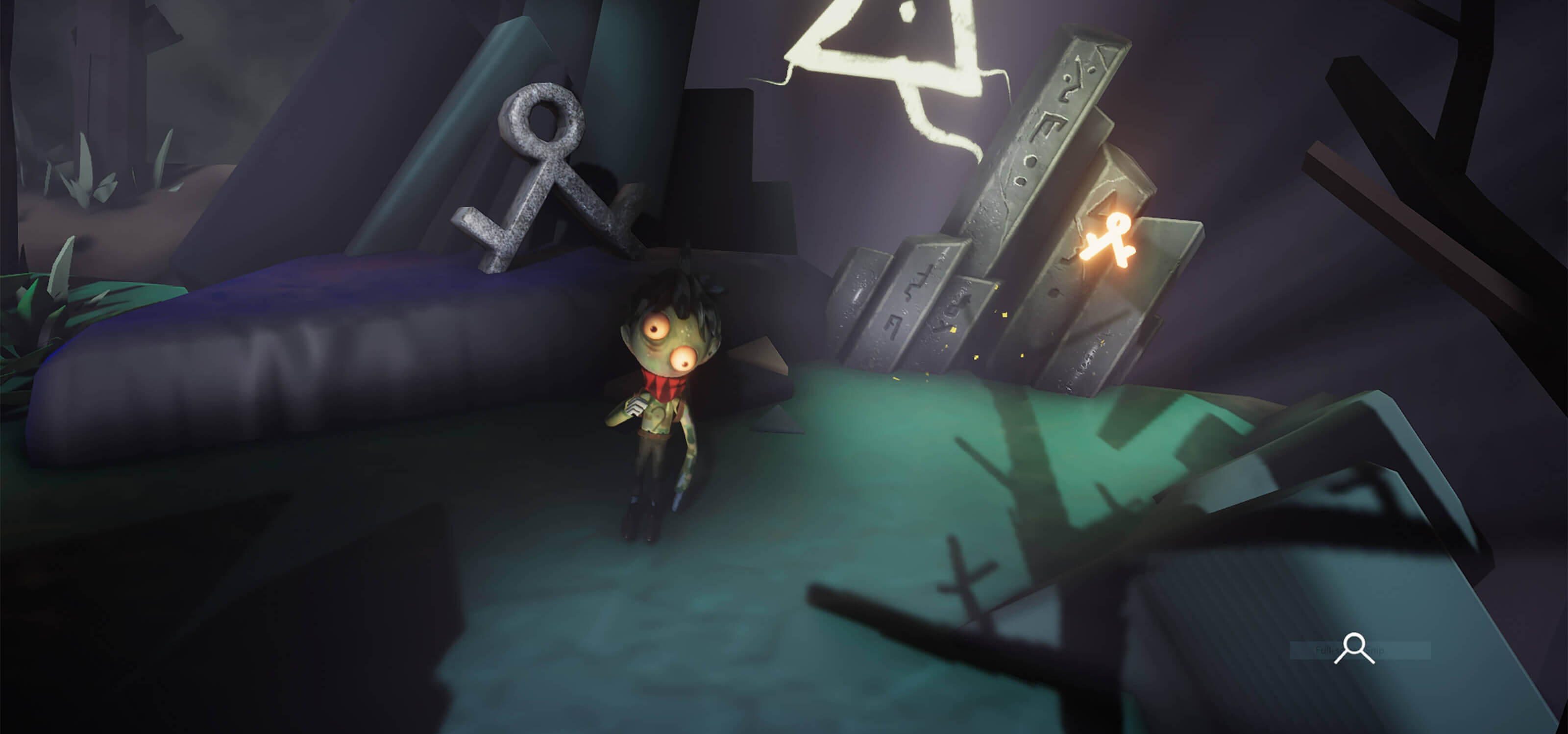 A blue skinned boy with lopsided eyes, stands next to runic shapes in an abstract forest. 