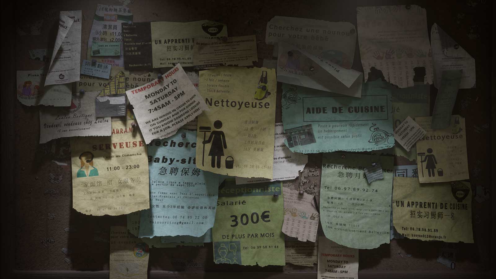 A bulletin board in the dark that advertises different services in French.