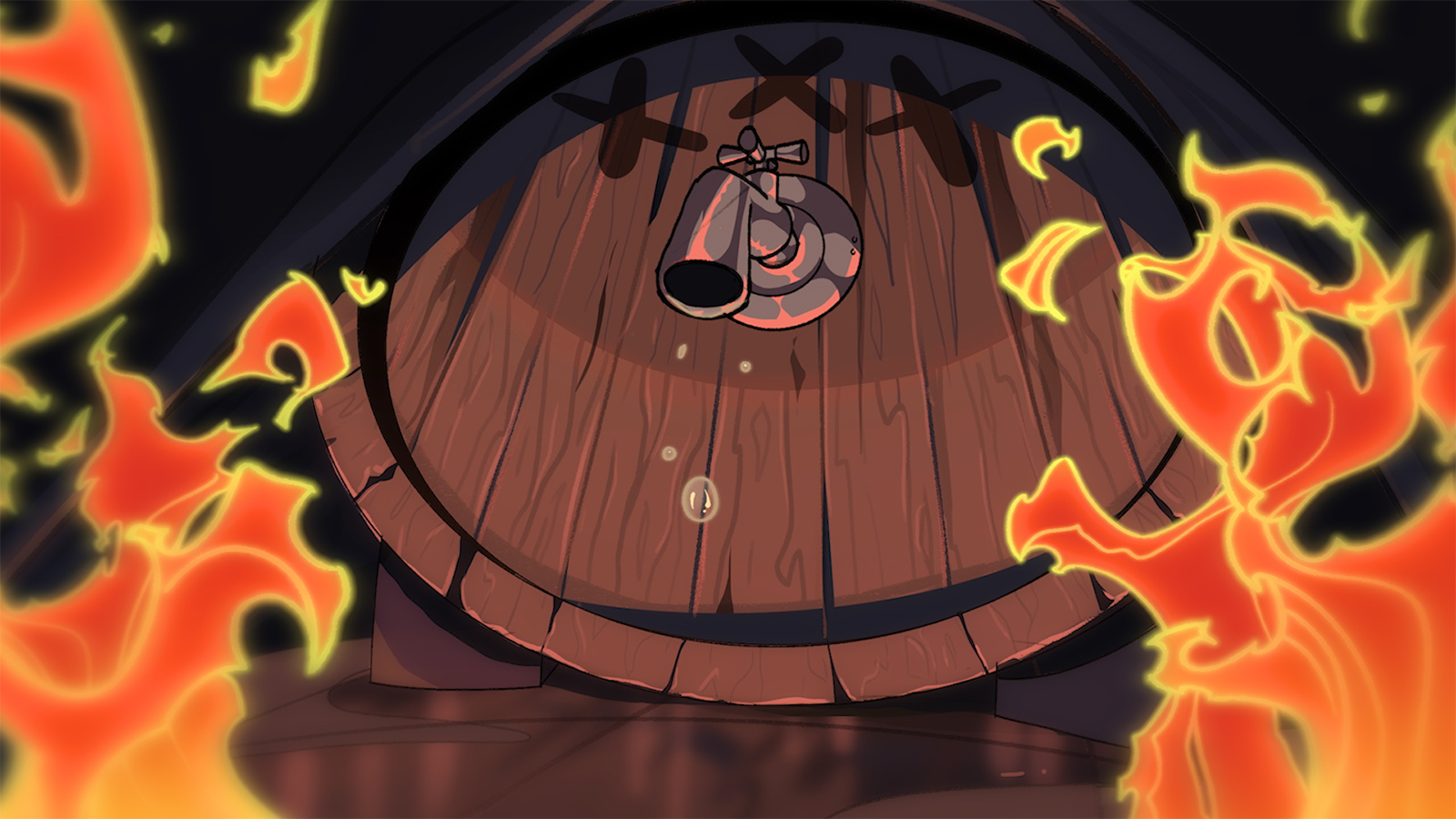 Flames approach a giant keg that drips a liquid.
