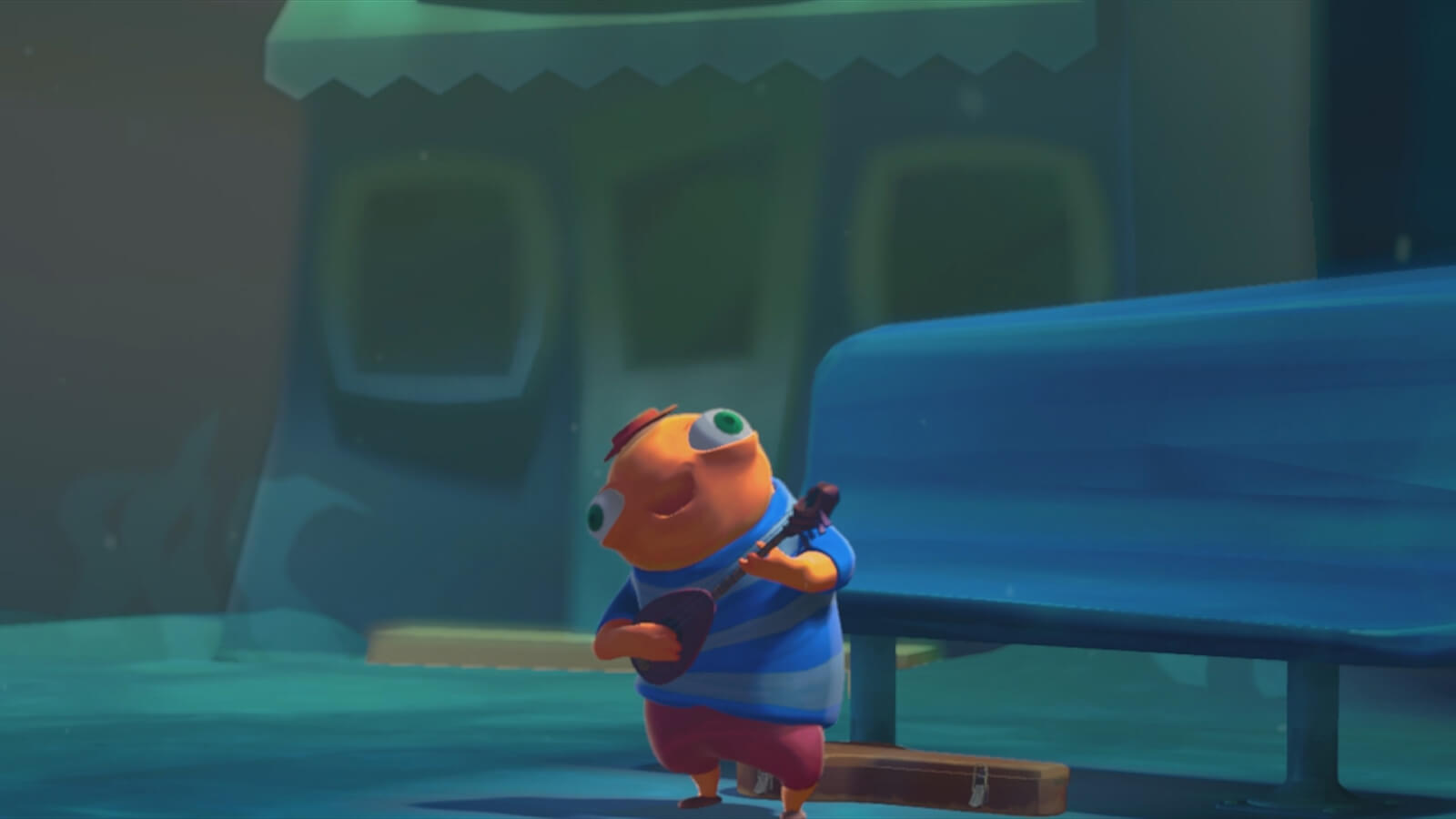 An orange fish in a red cap and striped blue t-shirt and holding happily plays a guitar-like instrument at a bus stop