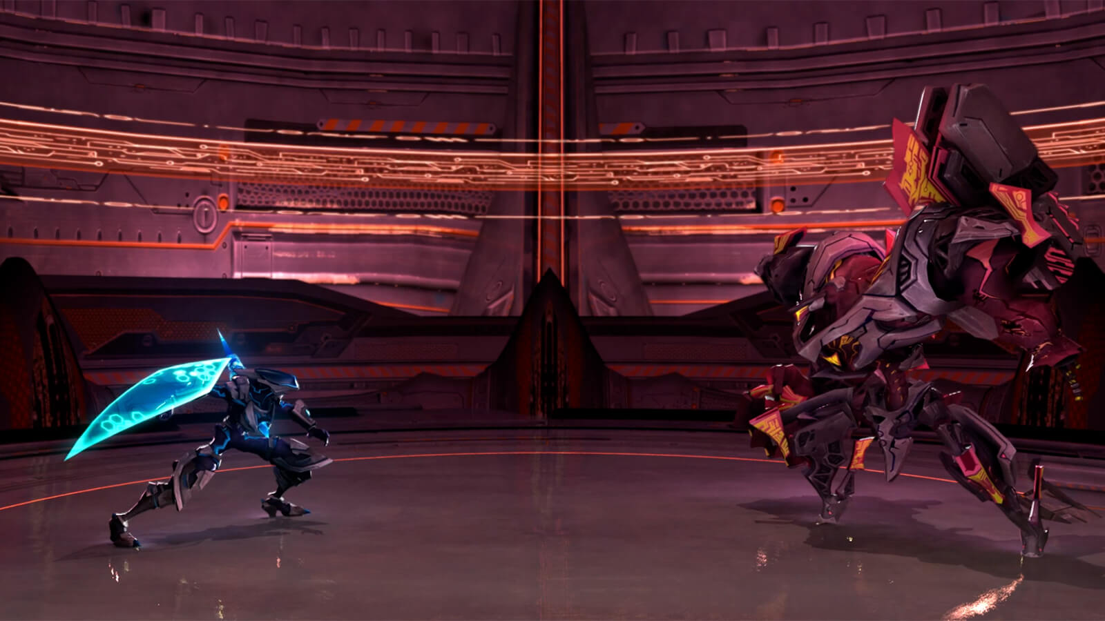 A robot holding a glowing blue shield faces off against a larger maroon robot in a reddish-hued metallic room