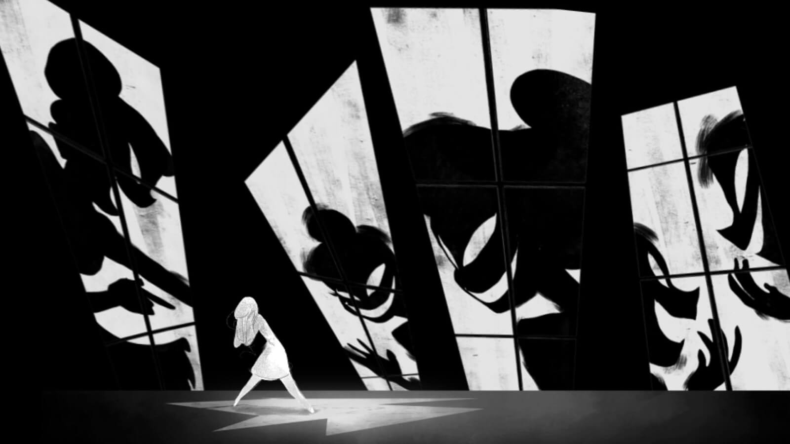 Shadows of judgmental, scowling figures superimposed over large deformed windows surround the colorless form of a cowering young woman.