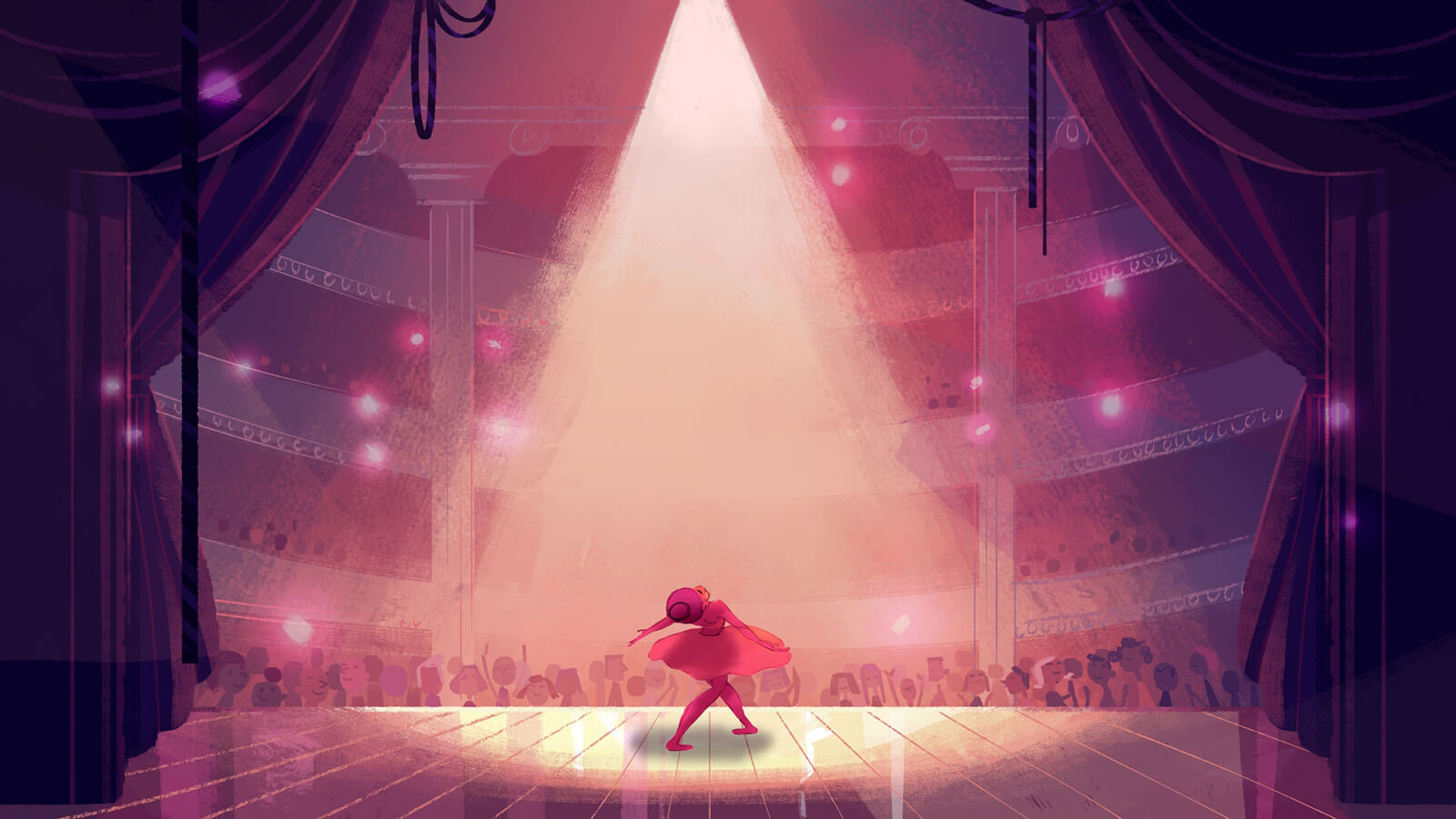 A ballerina, bathed in pink stage light, dances in front of a packed audience in a large, ornate theater.
