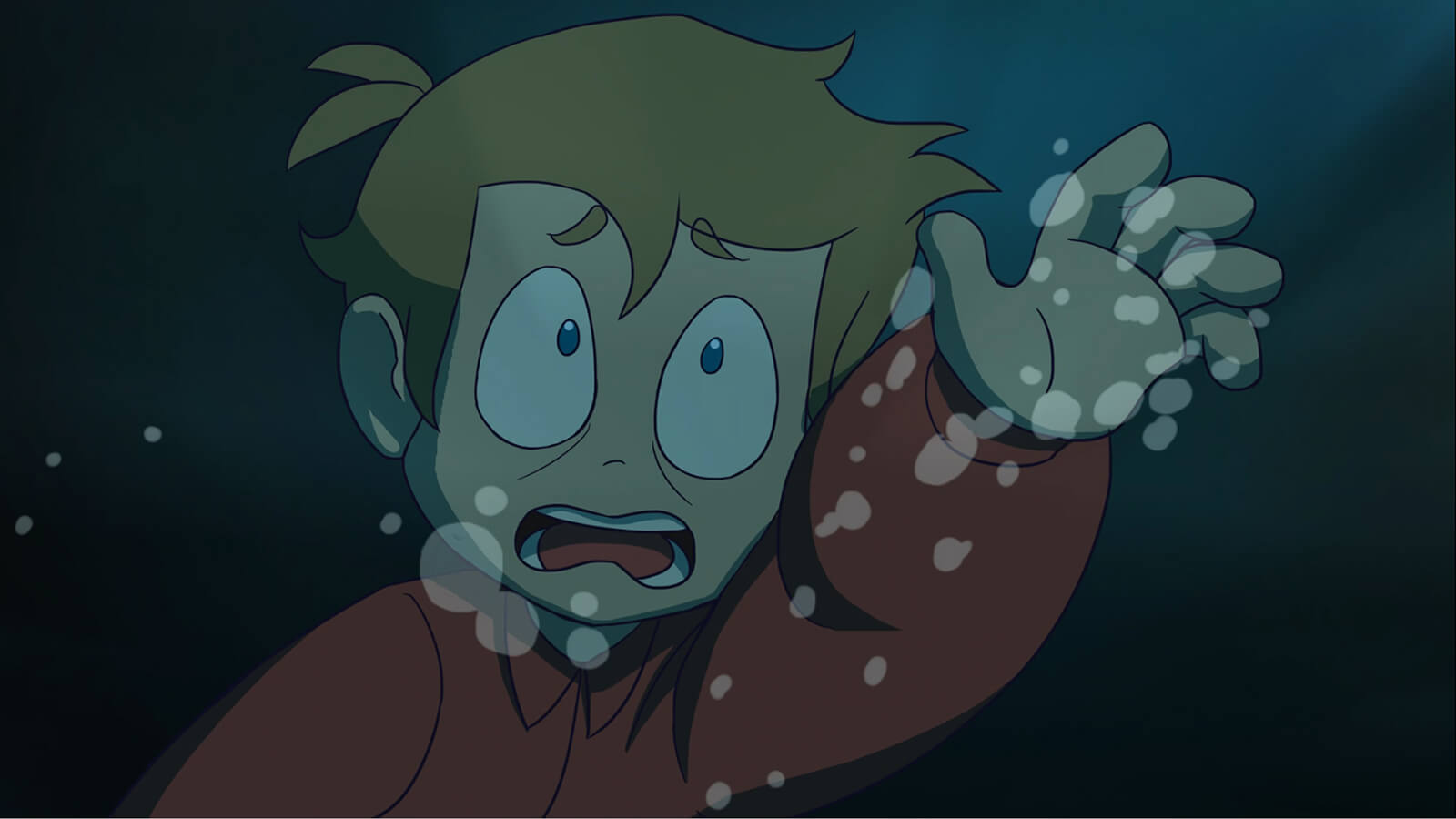 A panicked boy submerged in the ocean reaches up.