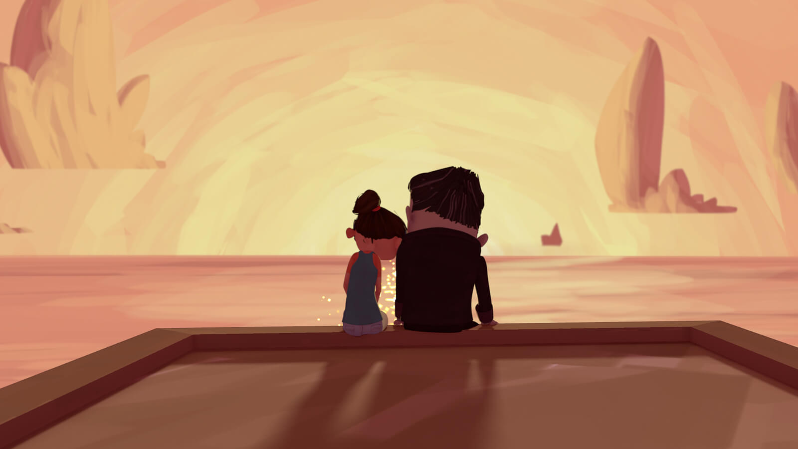 From behind, a girl rests her head on the shoulder of a man as they sit on an edge looking out at an orange sea and sky