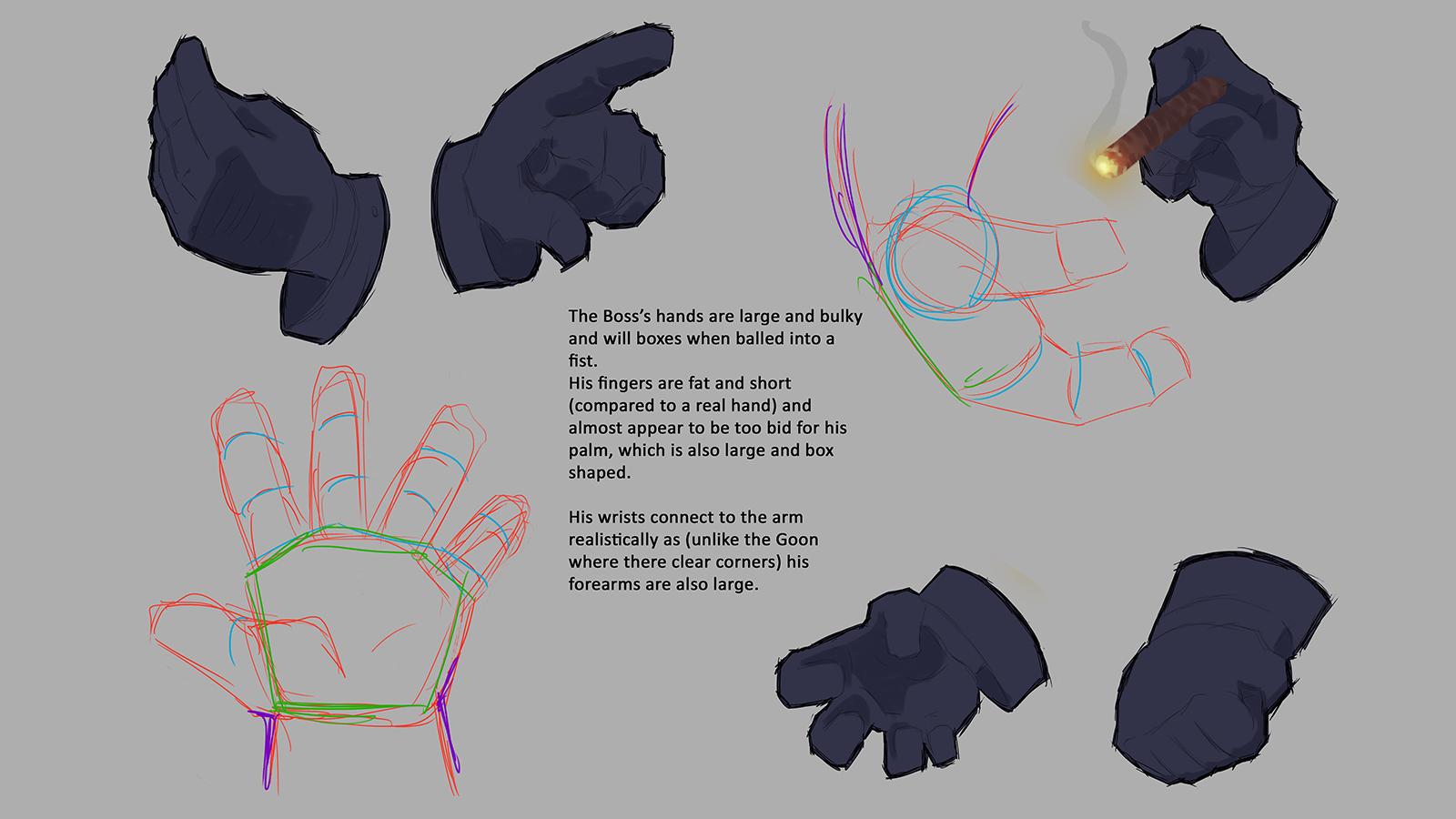 A description of how the boss's hands get drawn from multiple angles.