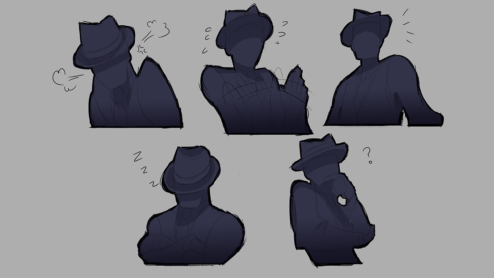 Several different facial expressions for a goon character.