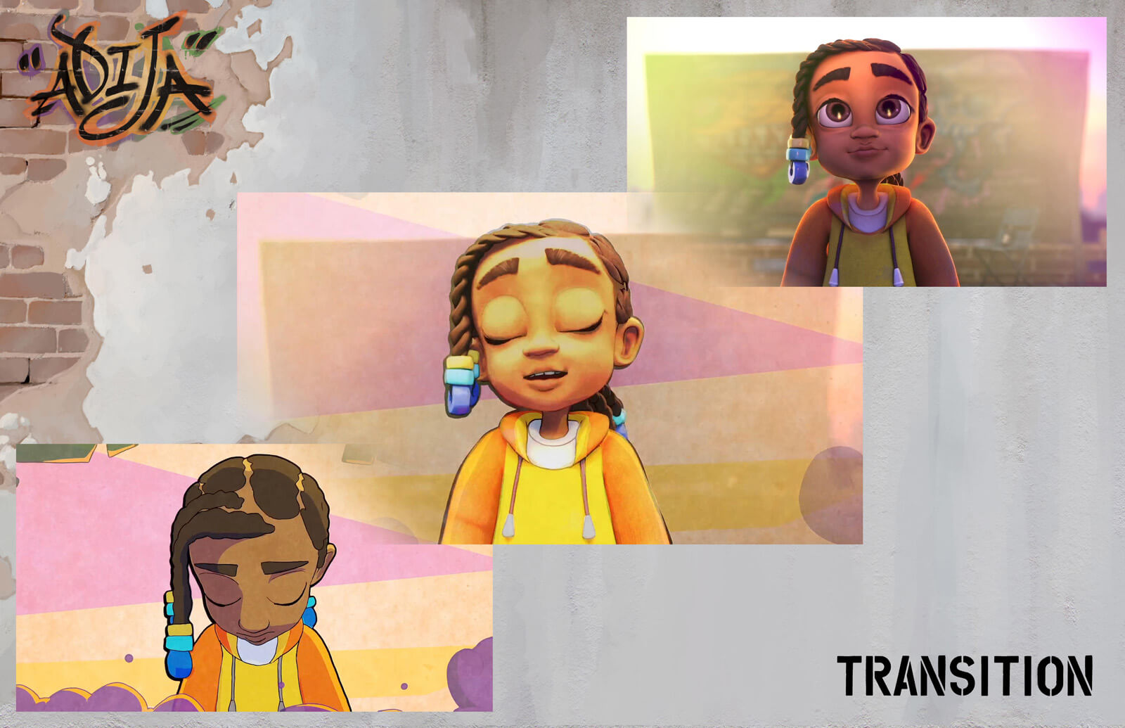 Presentation slide depicting the transition between 2D and 3D animation in the film Adija