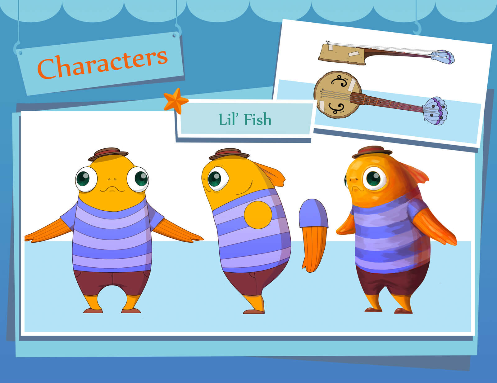 2D color sketches and drawings of an orange fish in a striped blue t-shirt with a banjo, labeled Lil' Fish