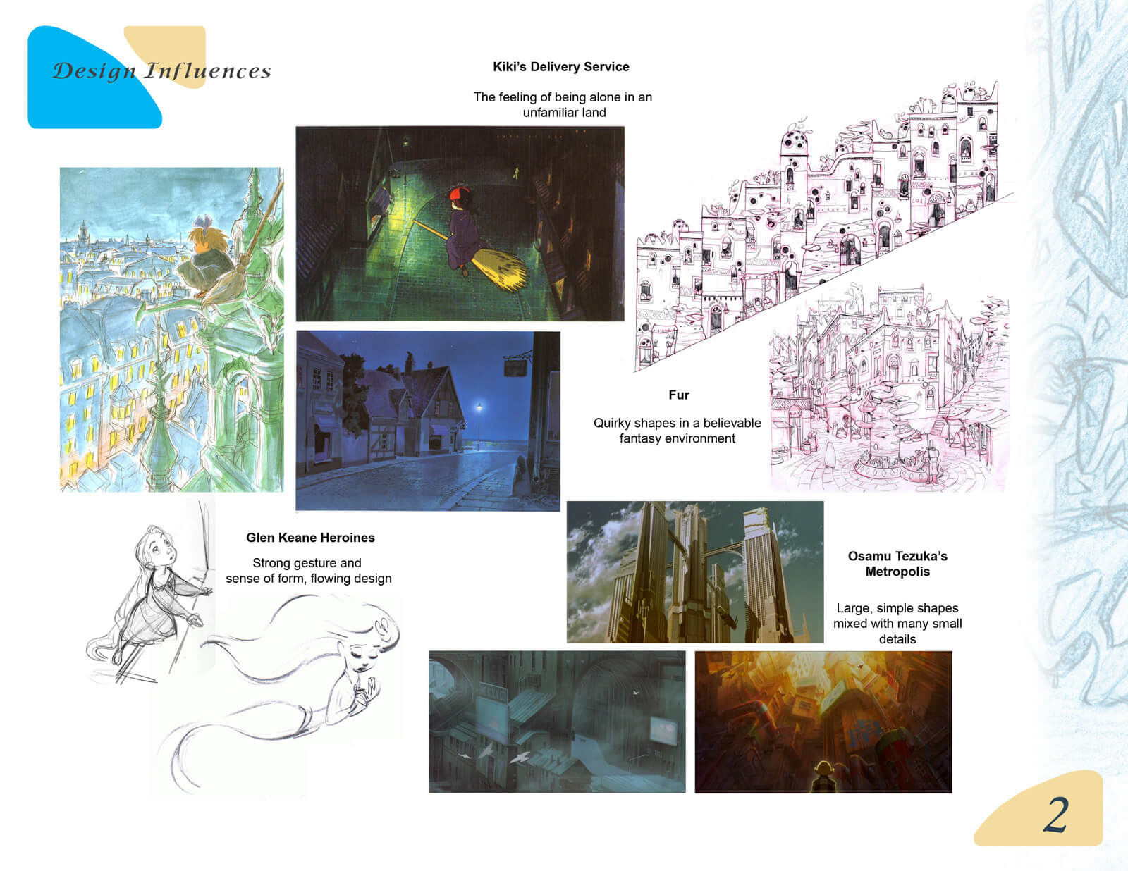 Presentation slide depicting the design influences of Beneath the Night Sea, including Kiki's Delivery Service and Metropolis