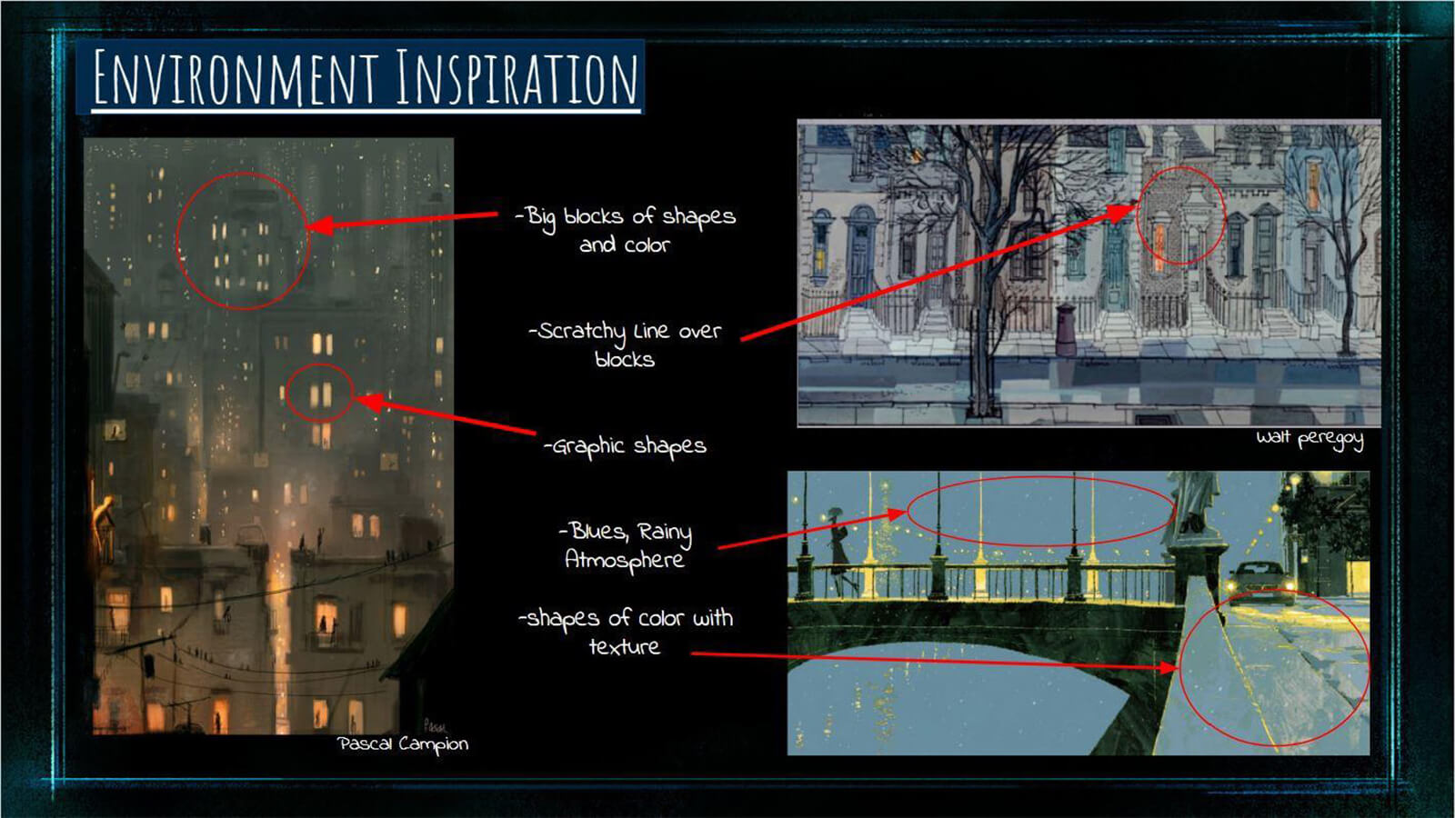 An "Environment Inspiration" slide, showing real world photos of urban locales that inspired the film's environments.
