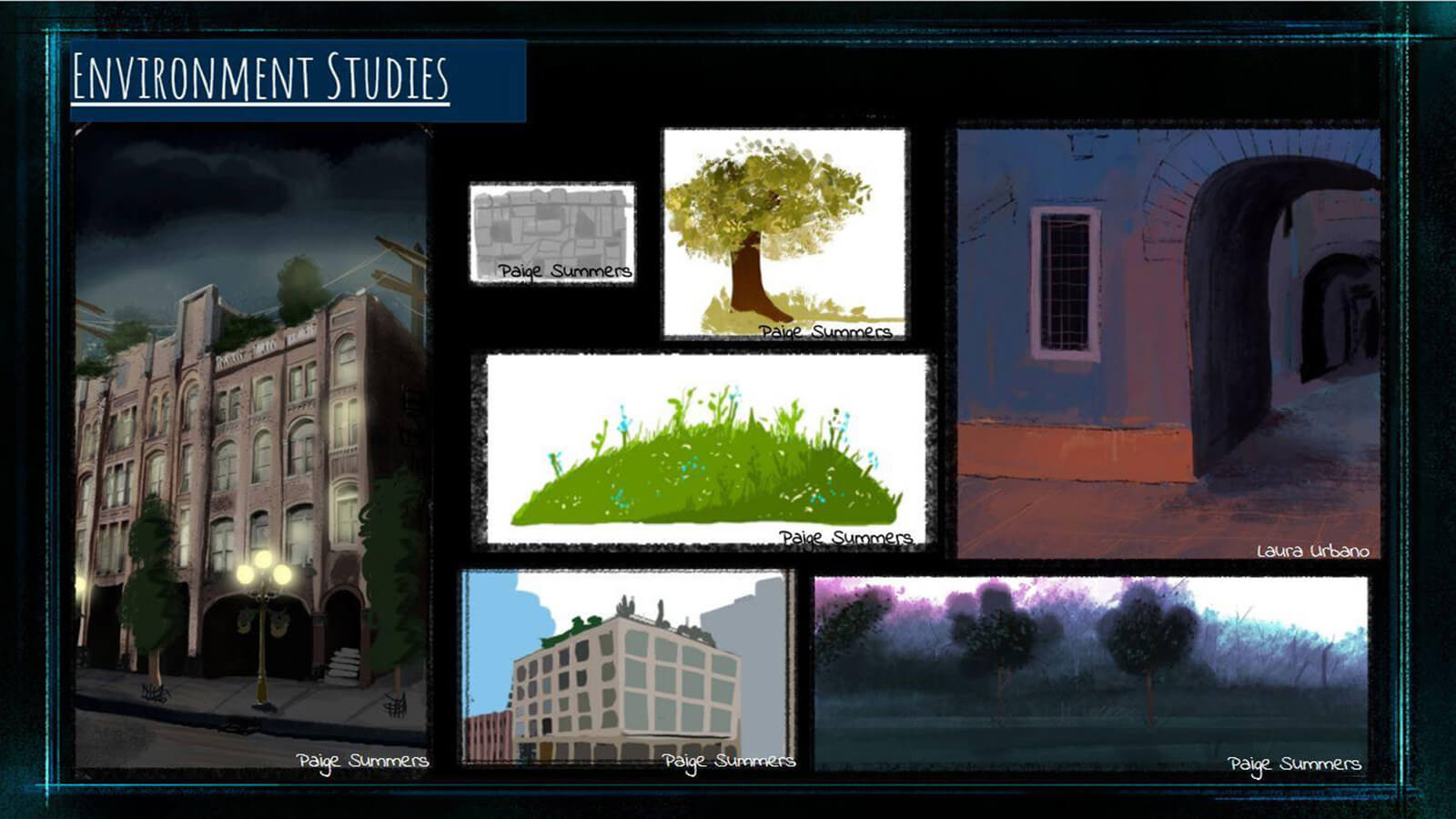 An "Environment Studies" slide, showing development stage drawings of background elements in the film.