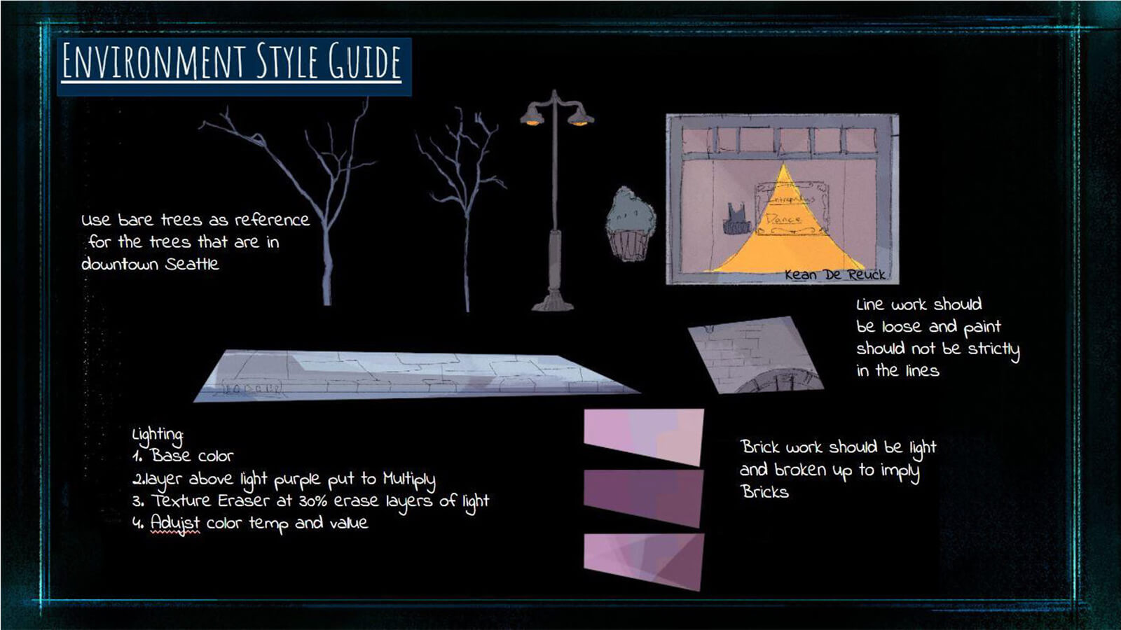 An "Environment Style Guide," showing rules the team followed to achieve a unified look for the film's background visuals.