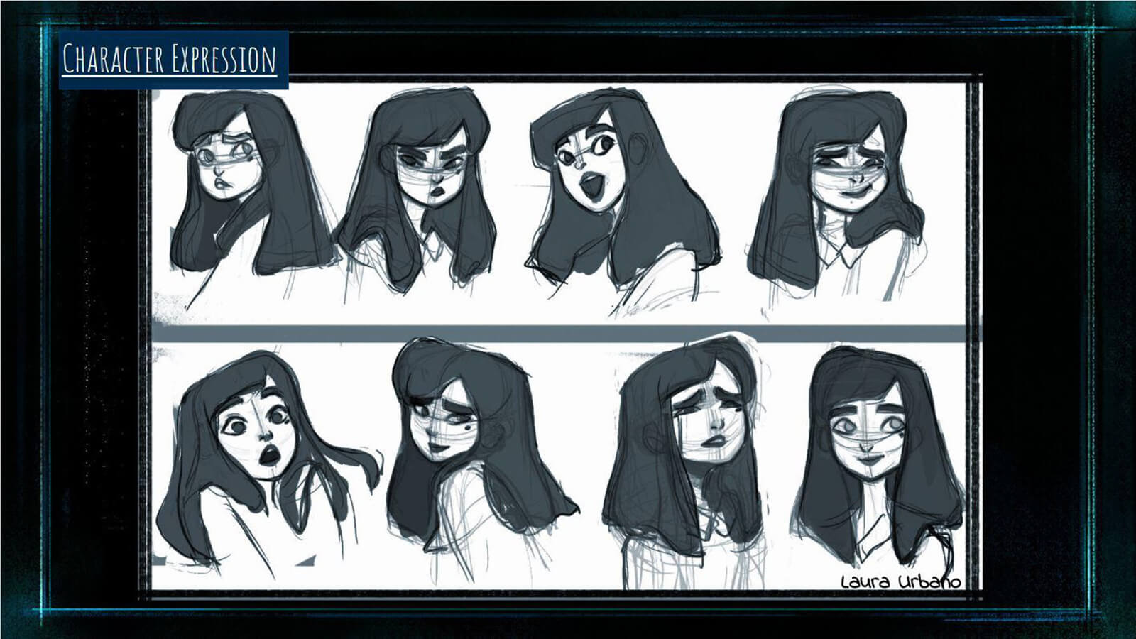 A "Character Expression" sheet showing the film's main character Tristesse making various facial expressions.
