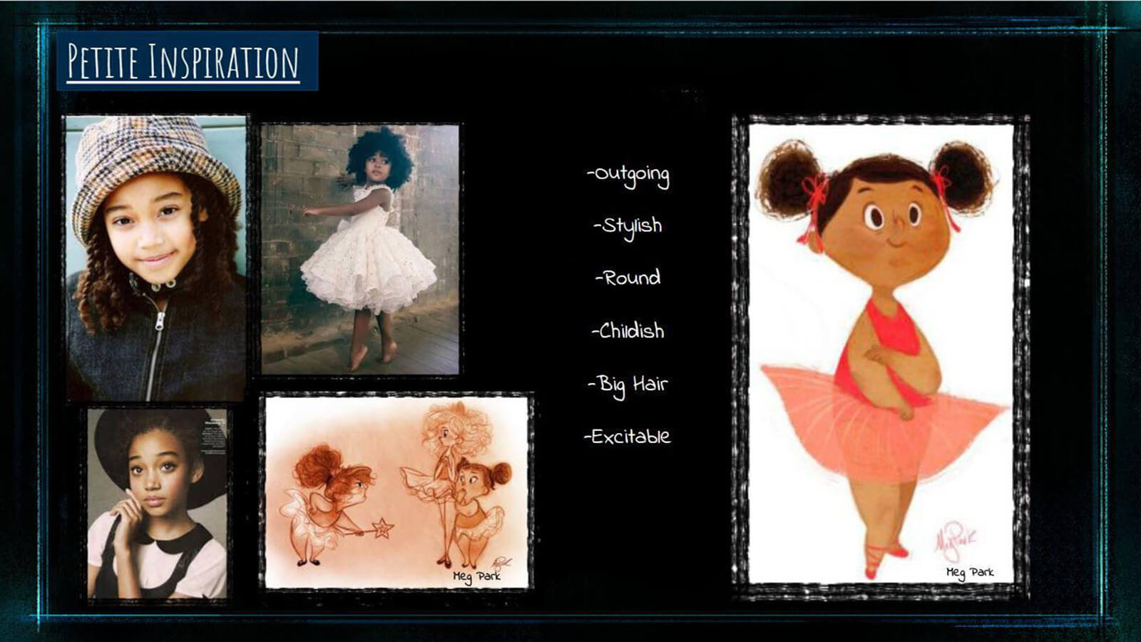 An inspiration board for the look and feel of the film's young girl character "Petite."