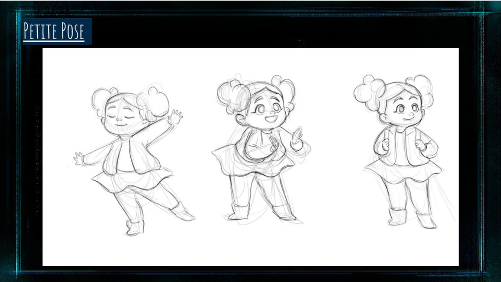 A "Petite Pose" sheet, showing the film's character Petite dancing, clapping, and holding her backpack straps.
