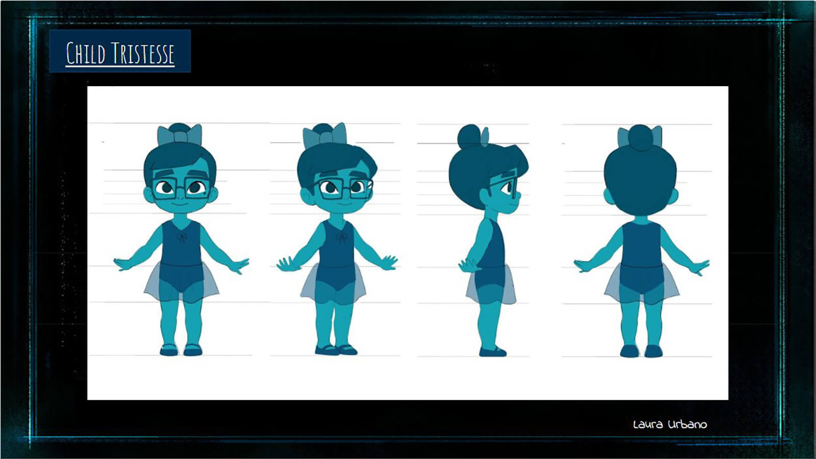 A character turn sheet for the turquoise child version of the film's main character Tristesse.