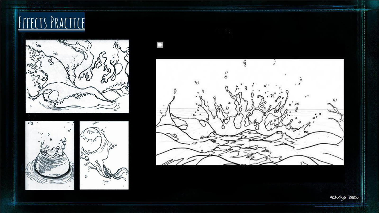 A slide showing the drawing practice the team did on the film's water effects.