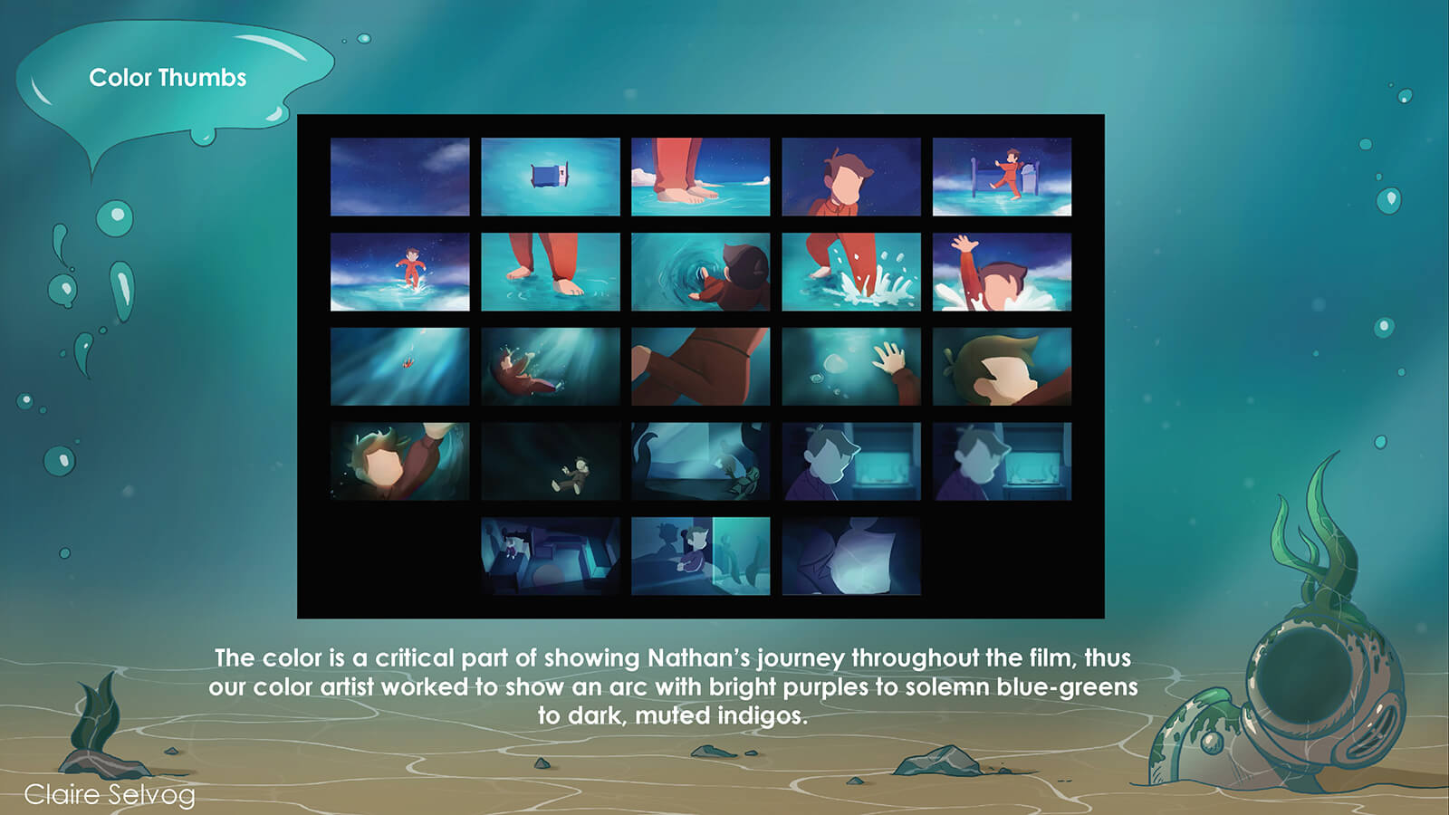 Storyboard focusing on the colors in each scene of the film Fathom