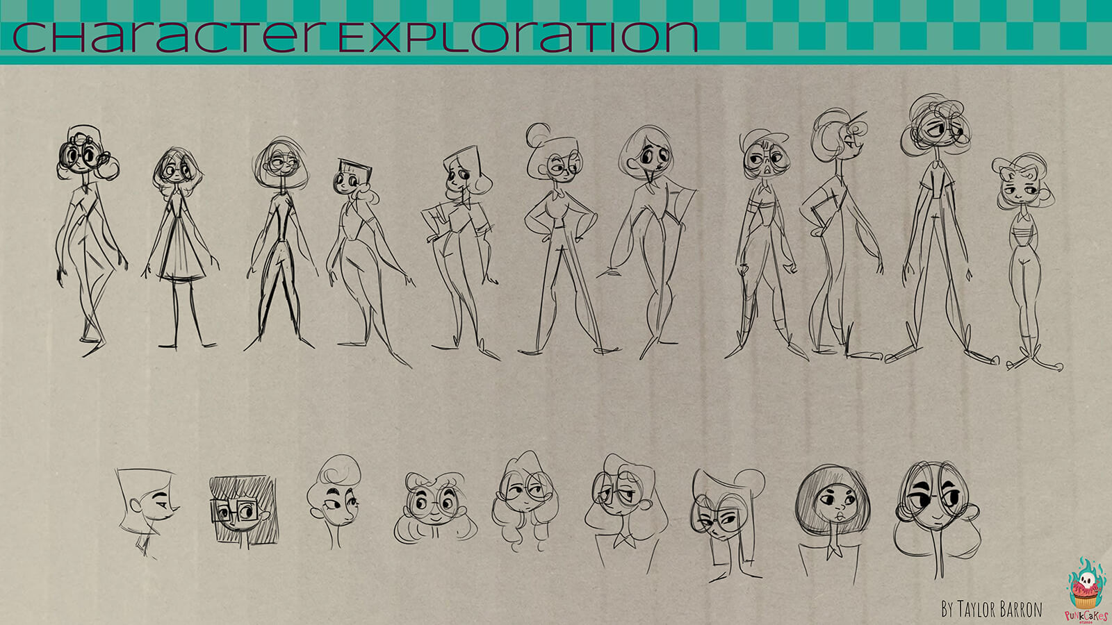 A "character exploration" sheet, exploring different designs for the film's delivery girl protagonist.