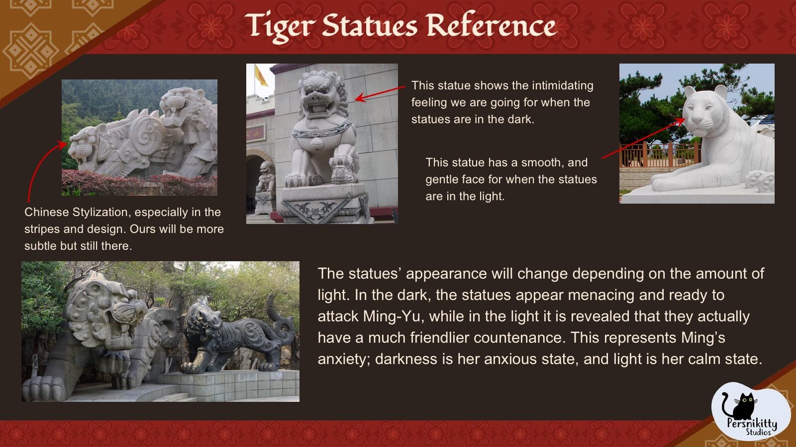 A slide displaying a variety of visual references for the design of the film's tiger statues. 