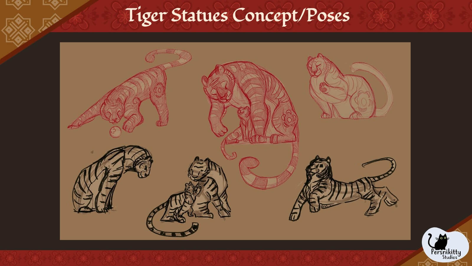 A slide displaying a variety of poses for the film's tiger statues.