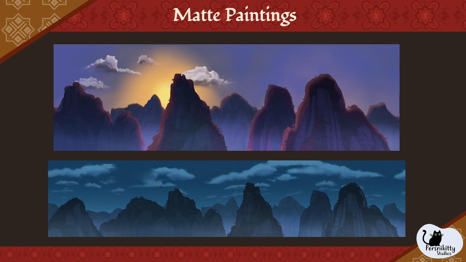 A slide featuring matte paintings for the film's backgrounds.