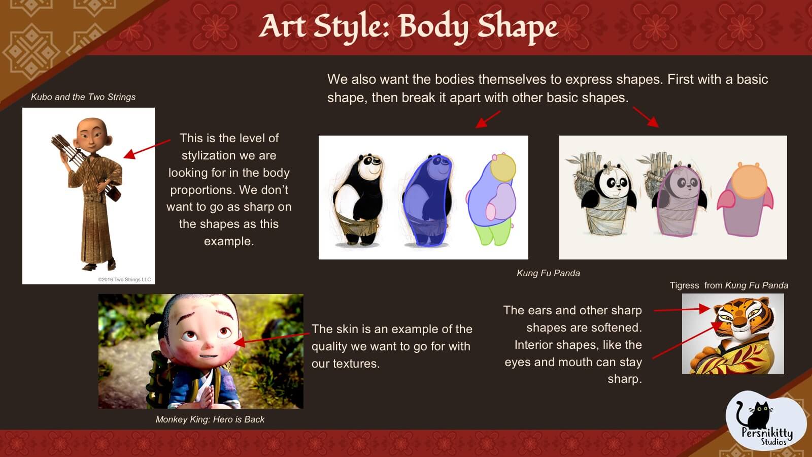 A slide outlining the art style the team used for the characters' body shapes.
