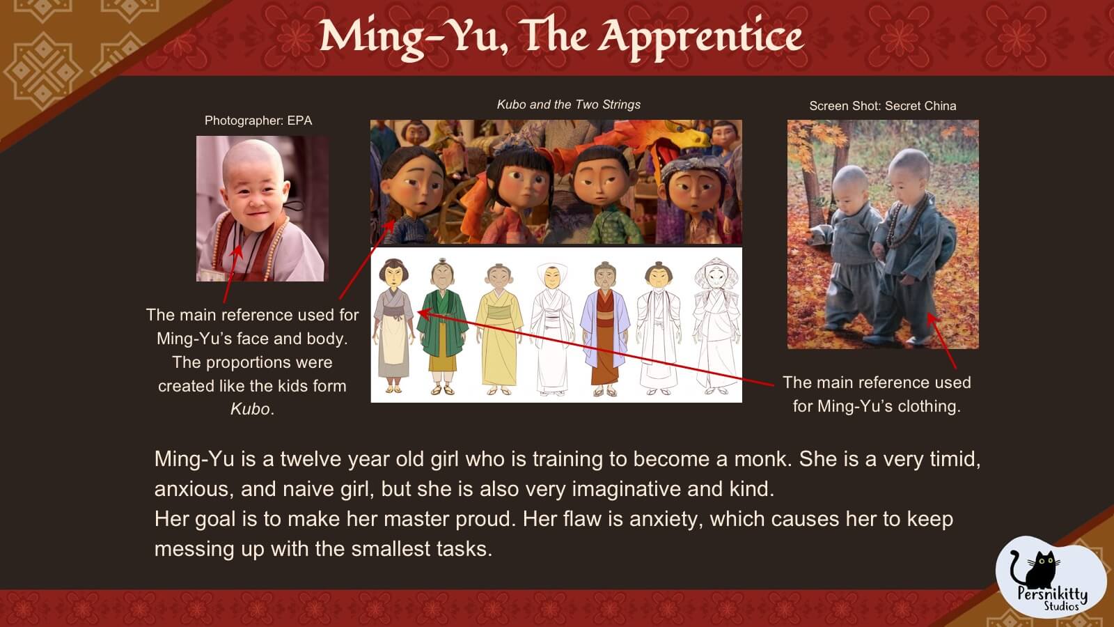 A slide outlining the visual style references for the protagonist, Ming.
