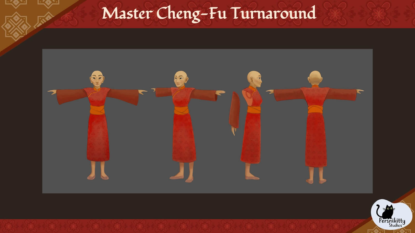 A slide with a turnaround of the character model for Master Cheng-Fu.