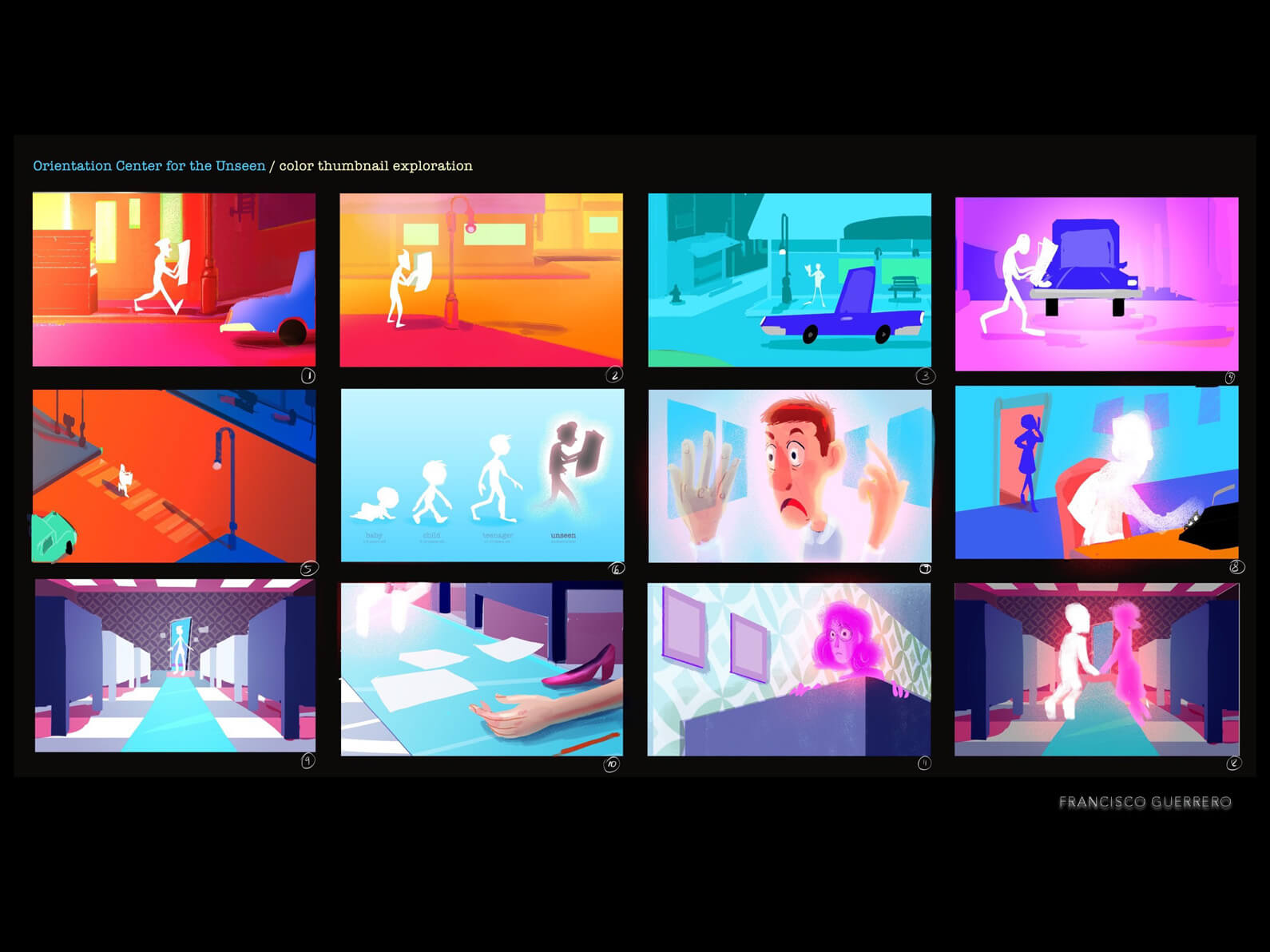 Color thumbnail exploration board for Orientation Center for the Unseen with initial plot, in a vibrant color palette