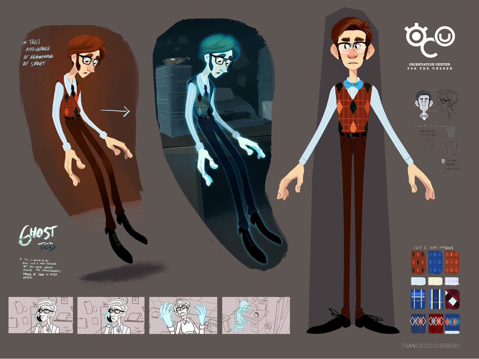 Concept art of Ted from Orientation Center for the Unseen in alive and ghostly forms, including color palette and fashion