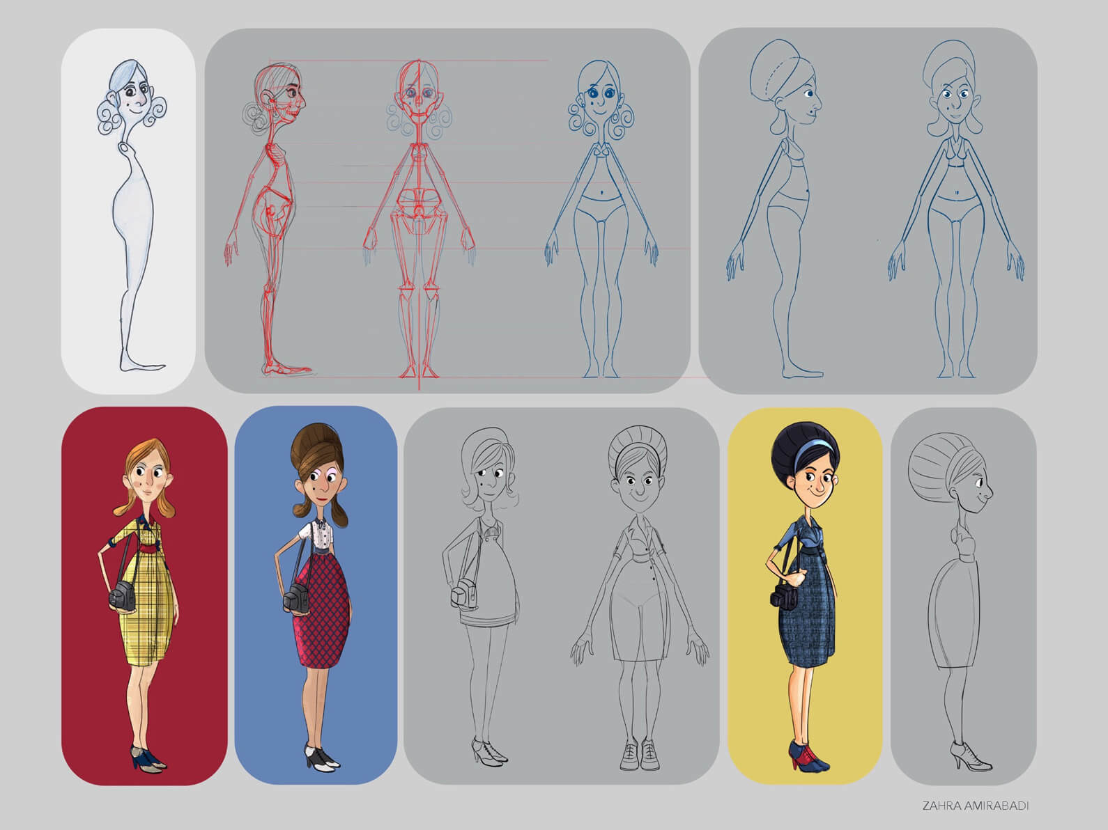 Early sketches and drawings of concept for the character of Peggy in Orientation Center for the Unseen