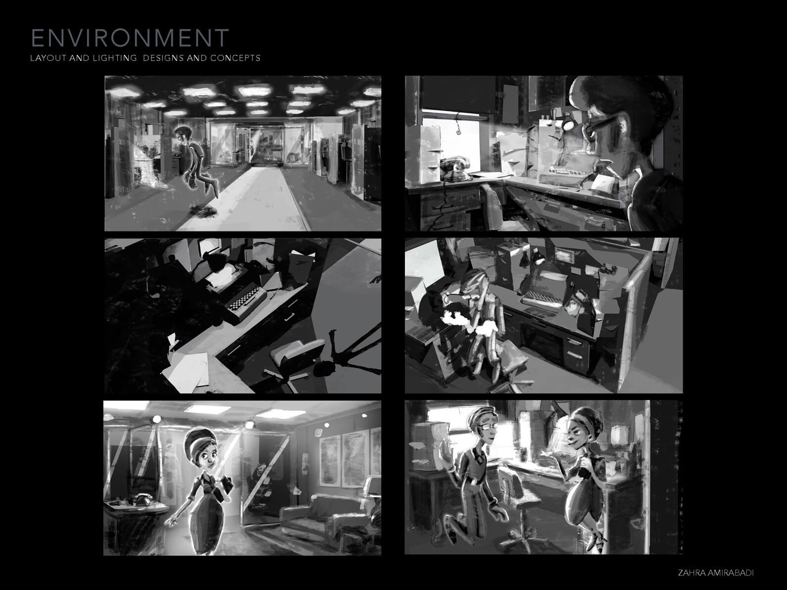 Layout and lighting design for Orientation Center for the Unseen depicting various still scenes in black and white