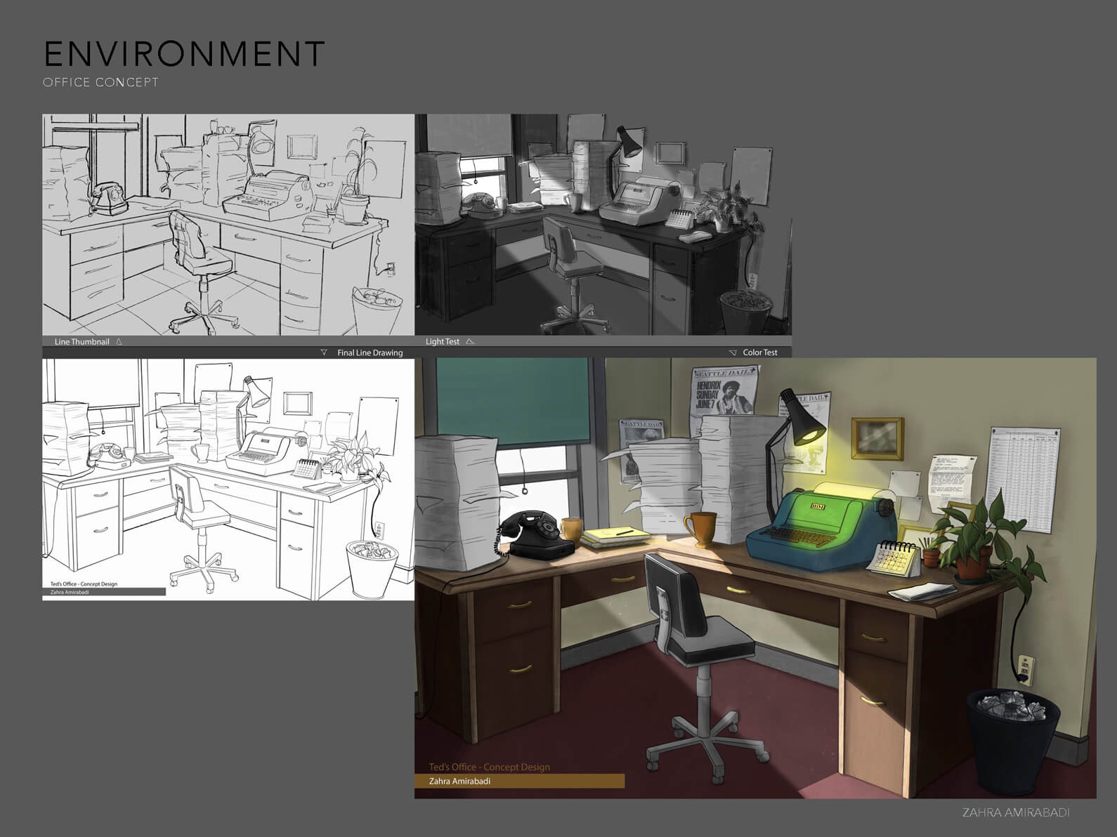 Concept sketches and drawings of the interior office set in Orientation Center for the Unseen