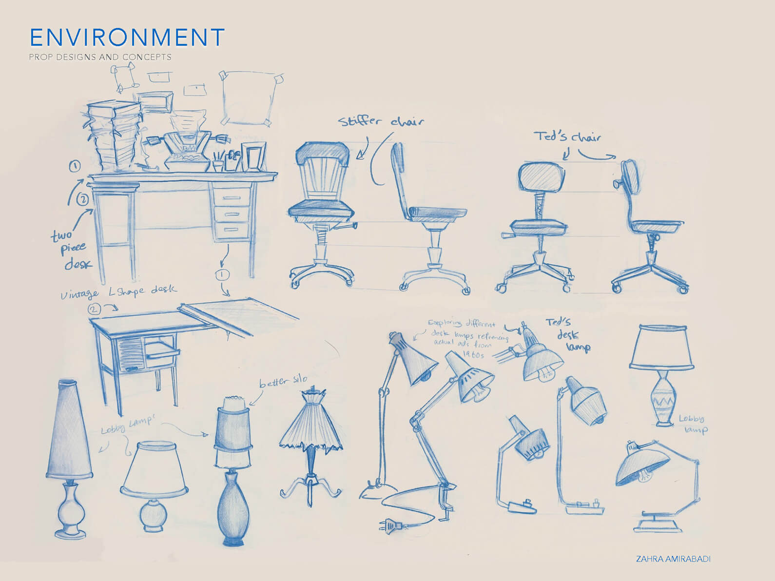Blue line sketches of concepts for desk, chair, and lamp props for Orientation Center for the Unseen