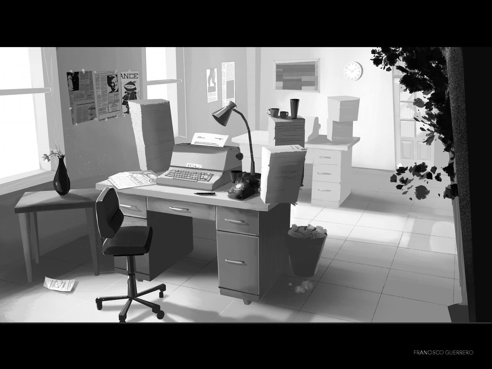 Grayscale drawing of an office setting with desks, chairs, typewriters, and paper stacks in Orientation Center for the Unseen