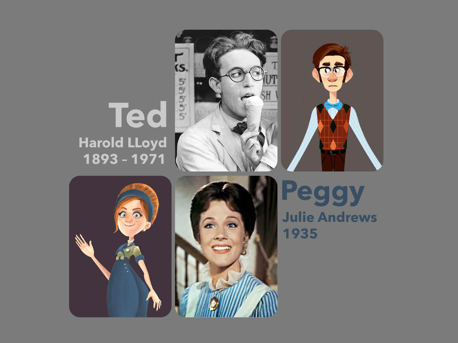 Sketches and photos depicting character inspirations for Orientation Center for the Unseen: Harold Lloyd and Julie Andrews