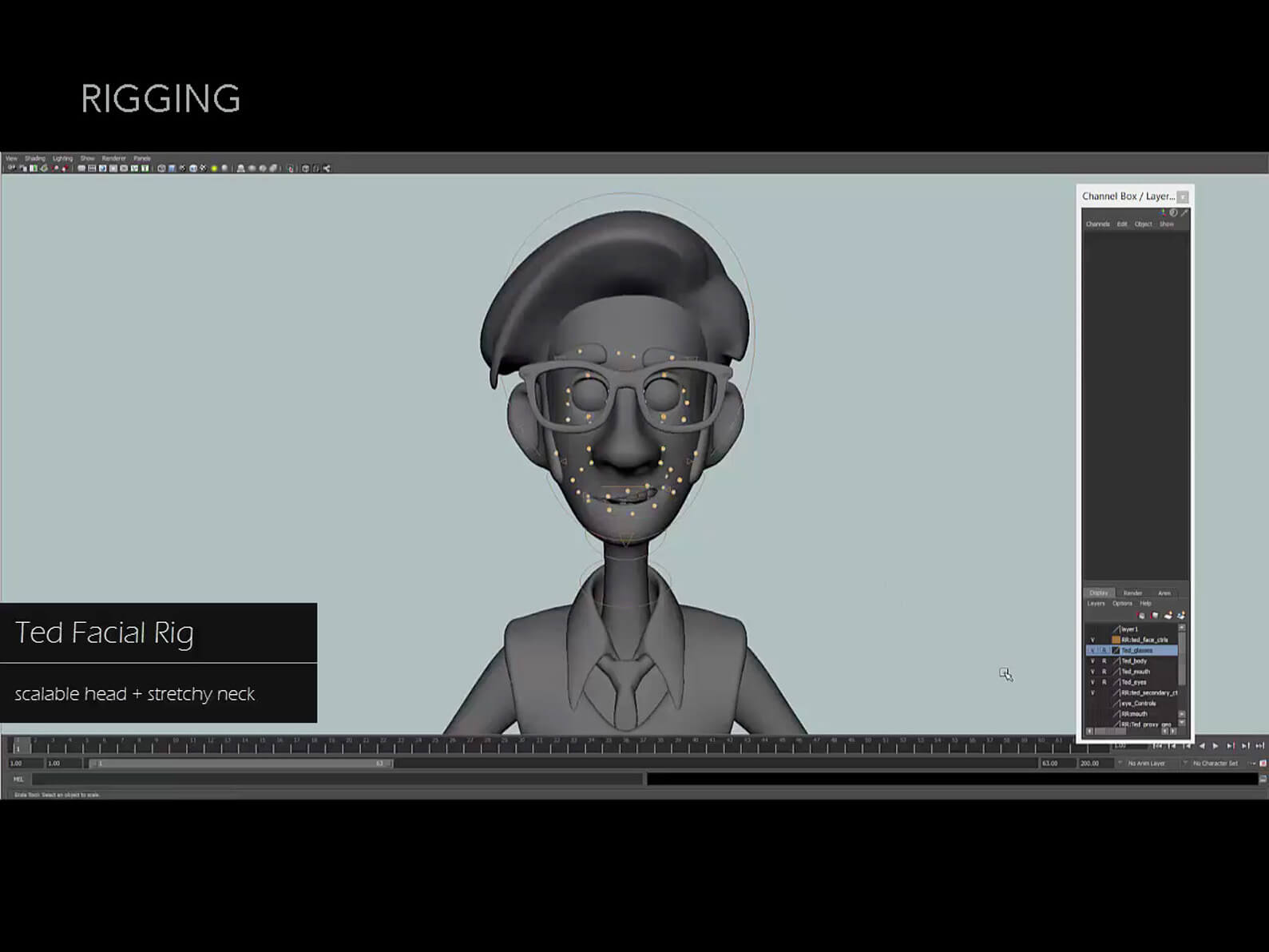 Screenshot depicting animation program UI during the rigging process for Ted's face in Orientation Center for the Unseen