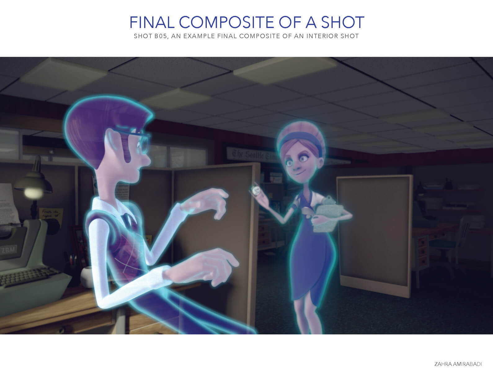 Final composite of a shot of the man and woman ghosts in an office setting in Orientation Center for the Unseen