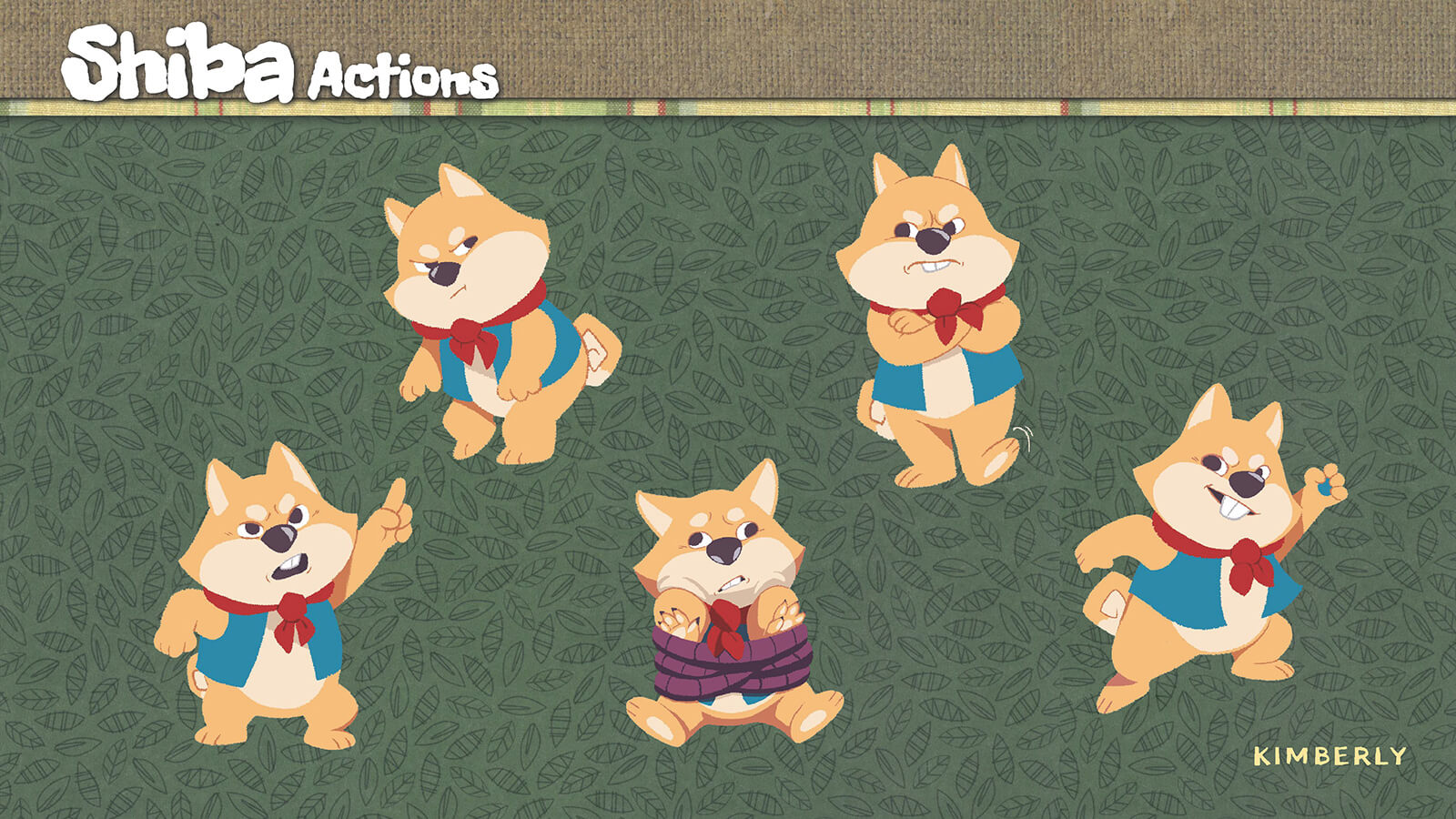 Sketches and examples of actions by the character Shiba.