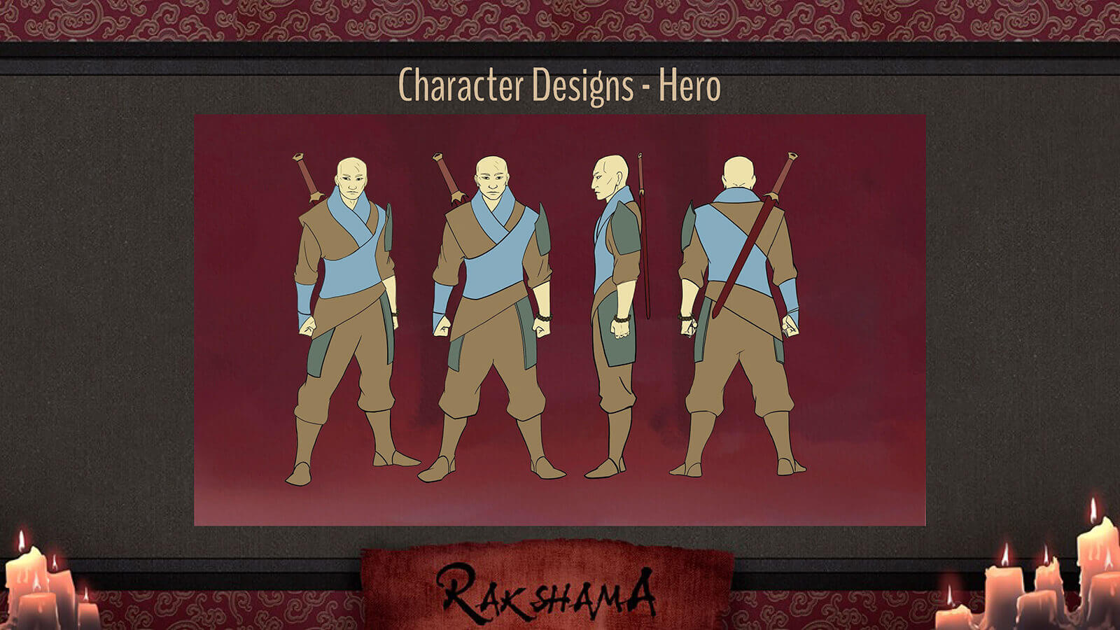 Character Design slide for the film Rakshama, depicting the Hero character, a warrior in a blue and brown clothing and sword